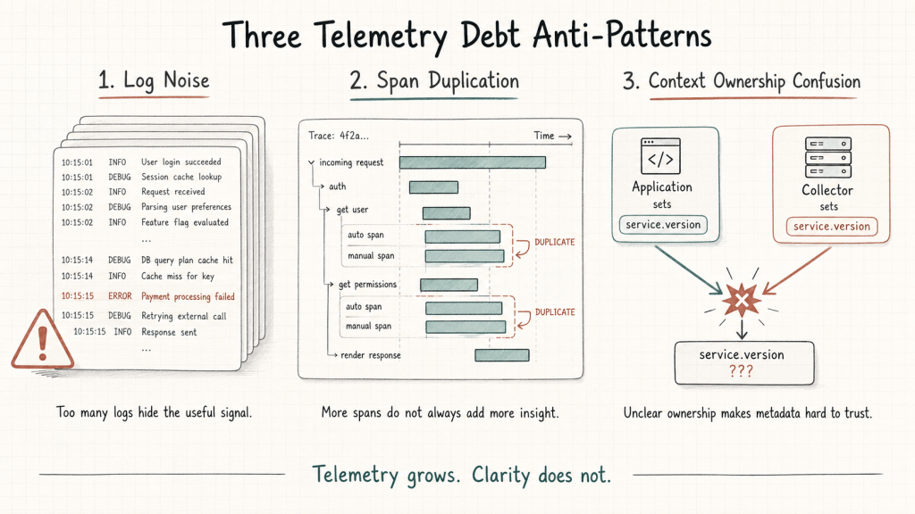 Diagram of three telemetry debt anti-patterns: log noise, span duplication, and context ownership confusion in OpenTelemetry instrumentation.