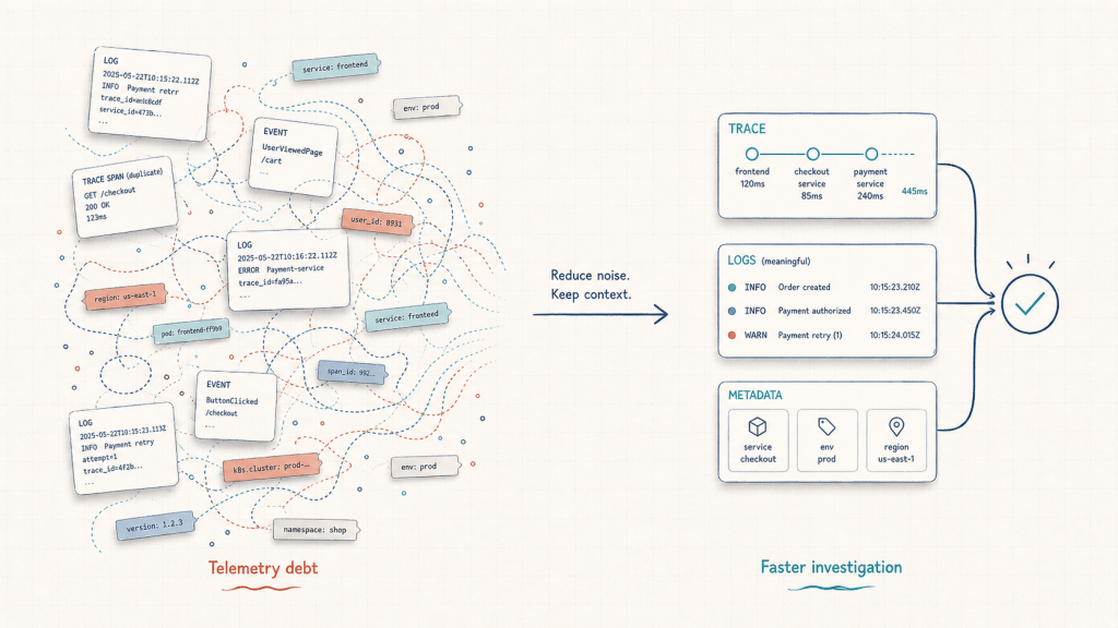 Illustration showing telemetry debt as noisy logs, duplicate trace spans, and scattered metadata being reduced into structured traces, meaningful logs, and metadata for faster investigation.