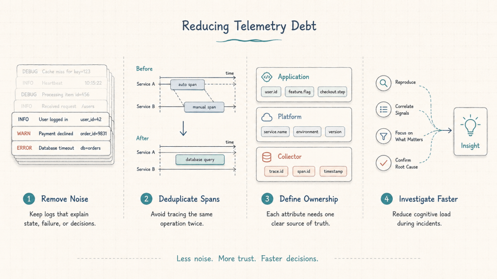 Diagram showing how to reduce telemetry debt by removing noisy logs, deduplicating spans, defining metadata ownership, and improving incident investigation.